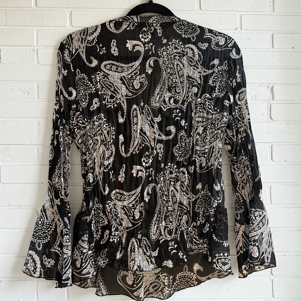 Robbie Bee Paisley Tie Neck Blouse Ruffle Peplum Sheer Boho L - Picture 2 of 4